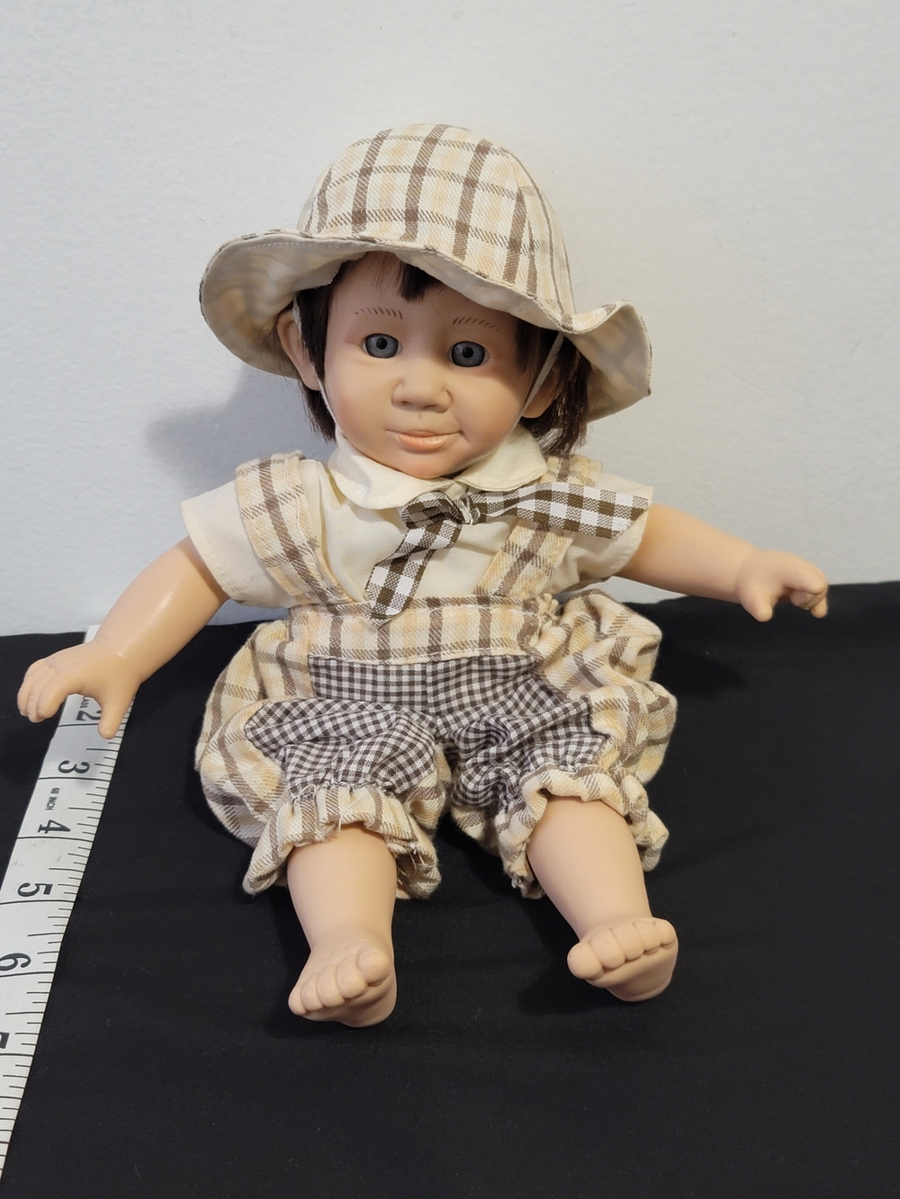 Vintage Baby Doll In Plaid Outfit With Hat & Bow-Tie Brown & Cream Checkered